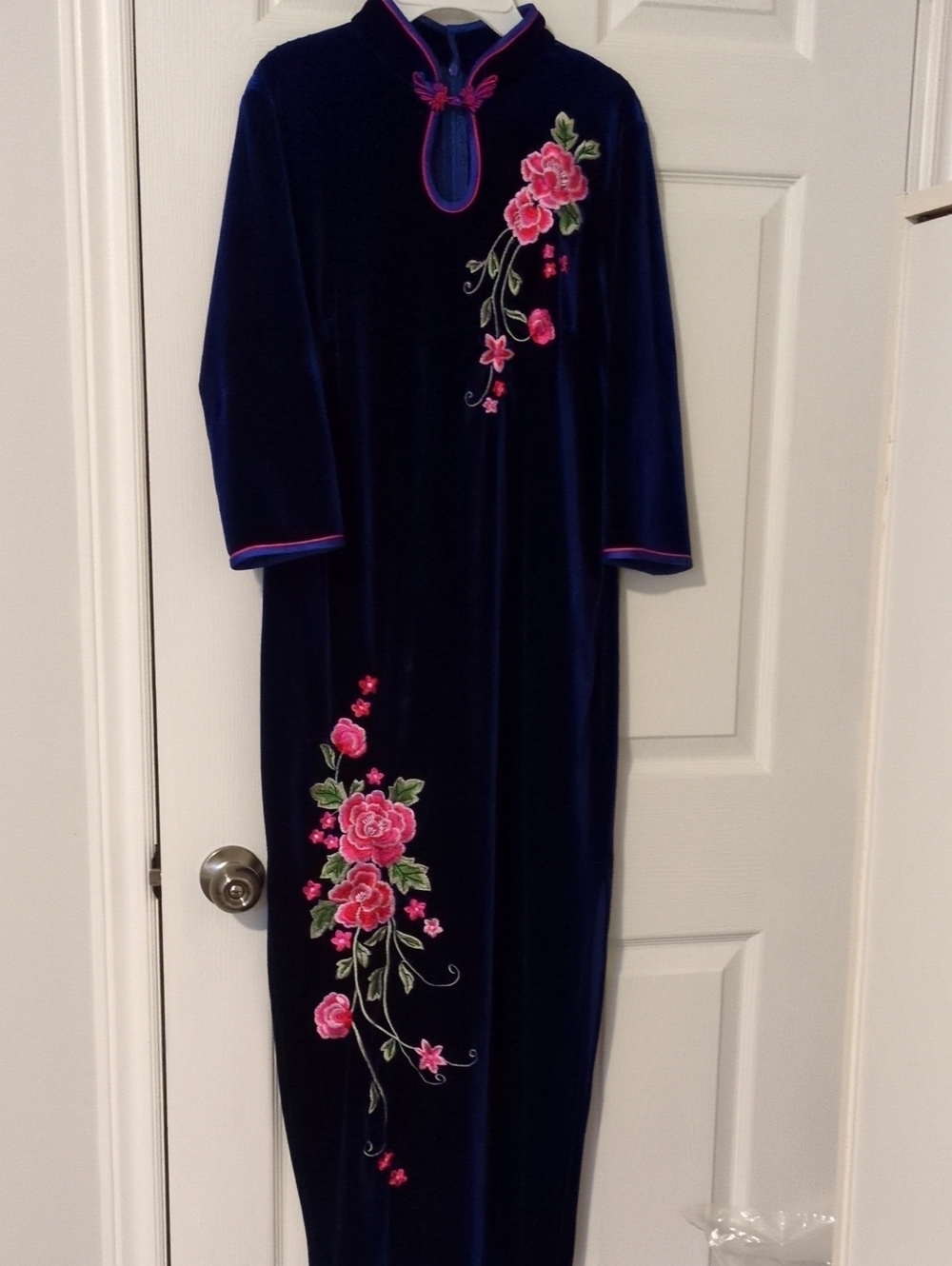 Embroidered Blue Velvet Maxi Dress with Pink Floral Accents